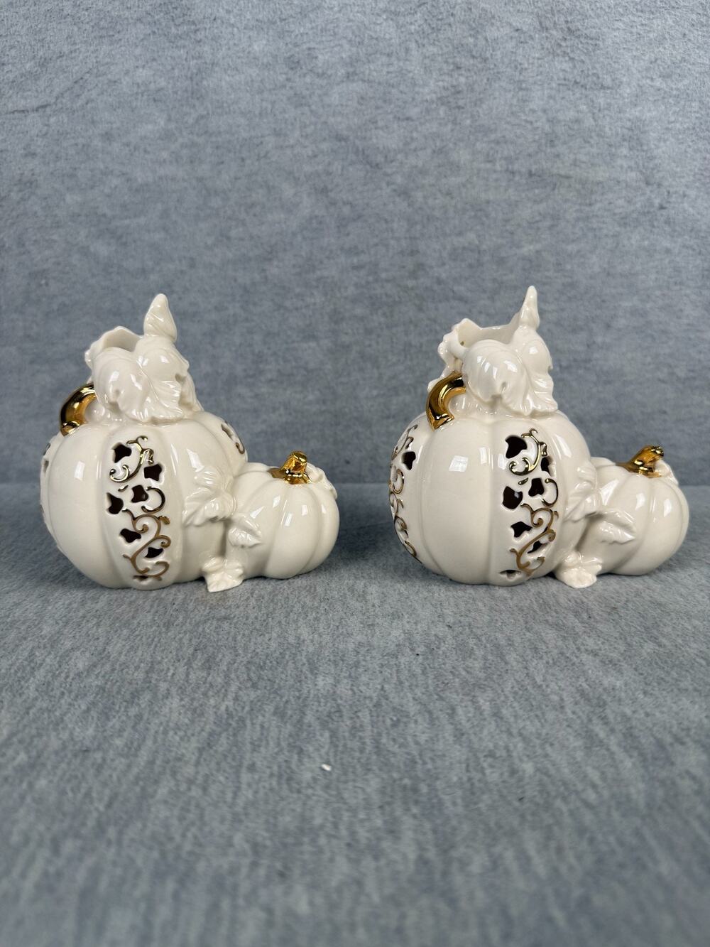 Pair Lenox Pierced Pumpkin Candlesticks Fine Ivory China 24k Gold Accents 2002